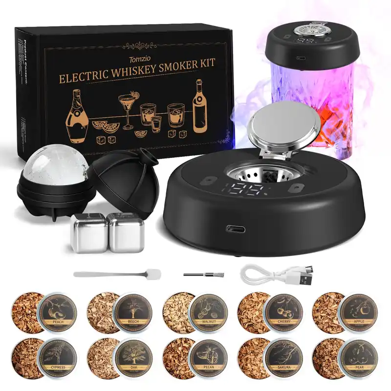 Electric Whiskey Smoker Kit with 7 Light Modes,Rechargeable Cocktail Smoker with 10 Natural Wood Chips,Food-Grade Stainless Steel Ice Cubes & Mold