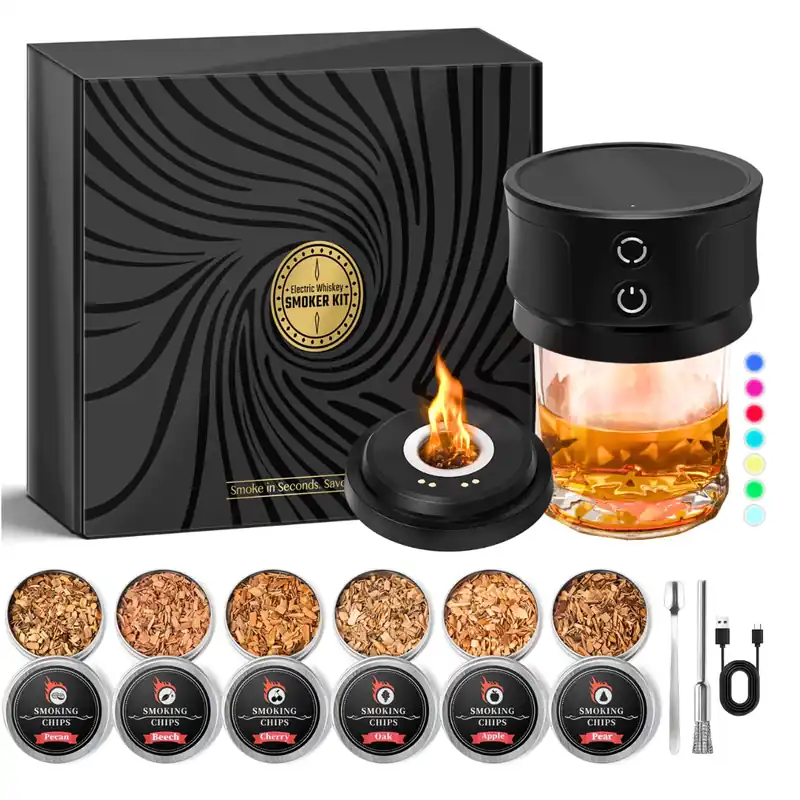 Electric Whiskey Smoker Kit with Lights Cocktail Infuser with 6 Wood Chips for Whiskey Bourbon Lovers - Old Fashioned Drink Smoker Kits