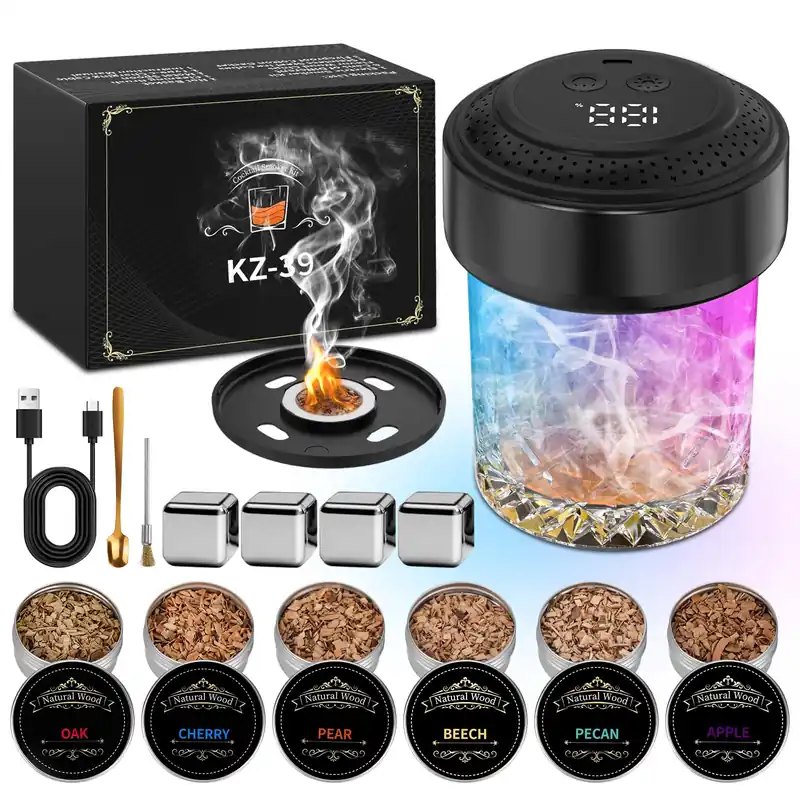 Electric Whiskey Smoker Kit, Rechargeable Cocktail Smoker Kit with 6 Wood Chips, Built-in Lighter, No Butane Needed (Black)