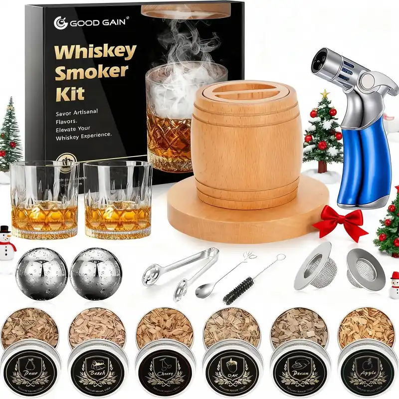 Whiskey Smoker Kit with Torch - Old Fashioned Cocktail Smoker Kit with 6 Flavors Wood Chips 2 XL Stainless Steel Ice Balls & 2 Glasses (No Fuel Included)