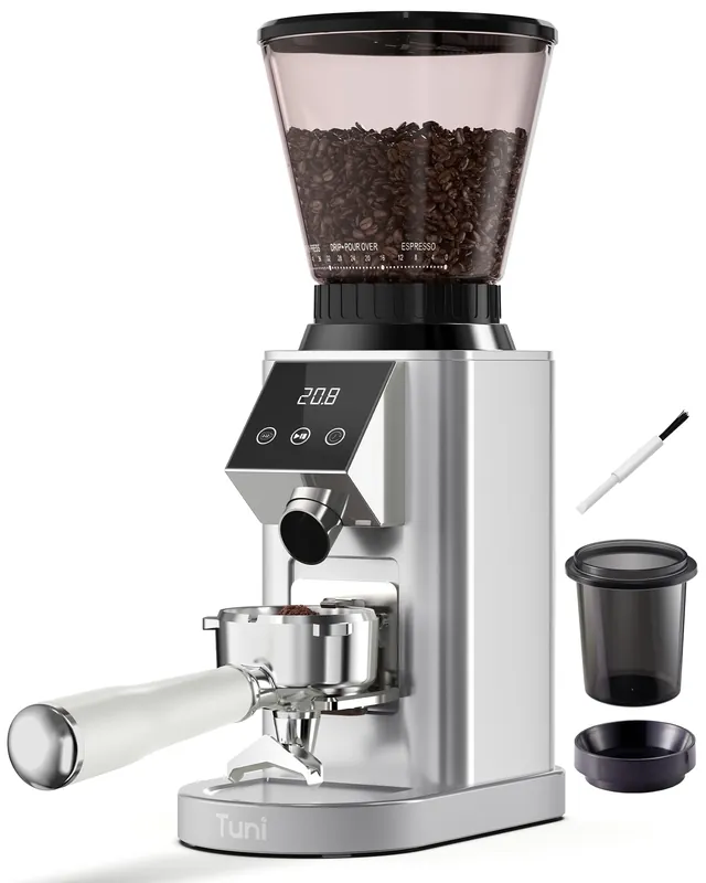 Tuni G1 Conical Burr Coffee Grinder, 48 Grind Settings Anti-static Burr Mill, Precision Electronic Timer and LED Touchscreen, Silver