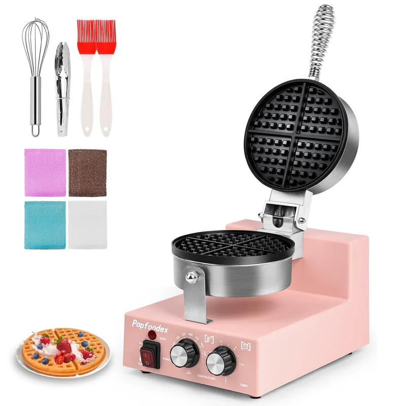 Popfoodex Commercial Waffle Maker for Restaurant, 110V Electric Waffle Maker w/Non-stick and 122–572°F Adjustable Temp, 1200W Profession Waffle Iron, Pink