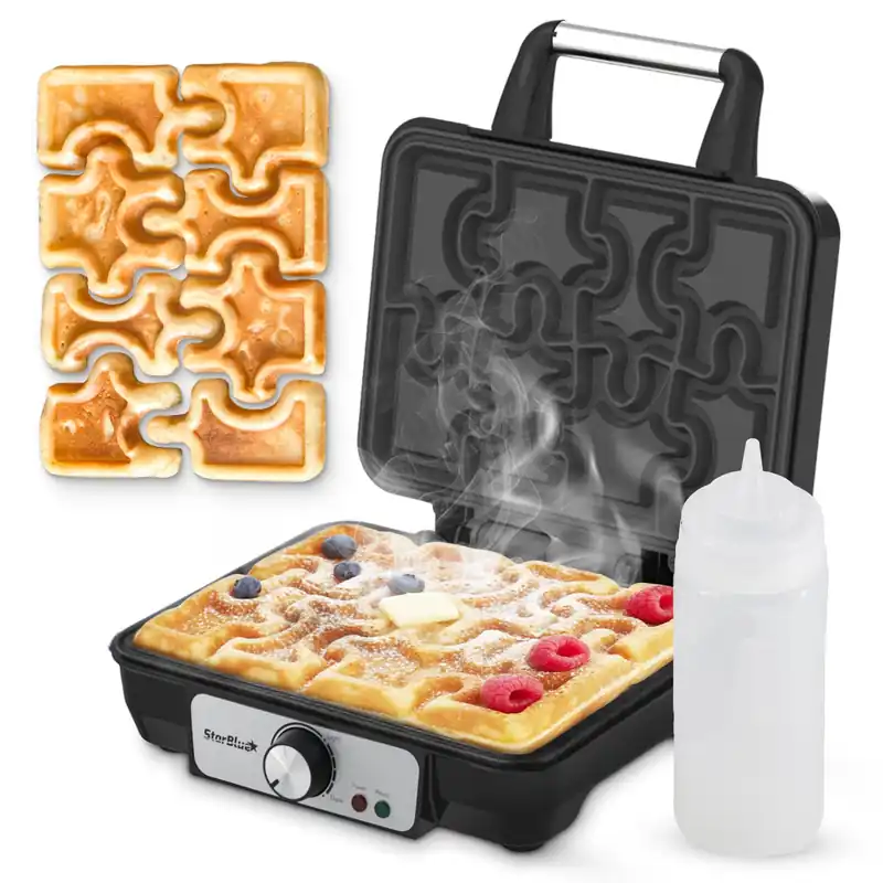 Puzzle Waffle Maker by StarBlue – Fun Playful Puzzle-Shaped Waffles Includes Squeeze Bottle for Easy Filling Non-Stick & Cool-Touch Design Great