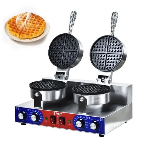 HTTSICHI Waffle Maker - Commercial Waffle Iron w/Two Non-stick 7 in Baking Pans, 550 ℉ Temperature and Timers, 2400W Dual Waffle Machine