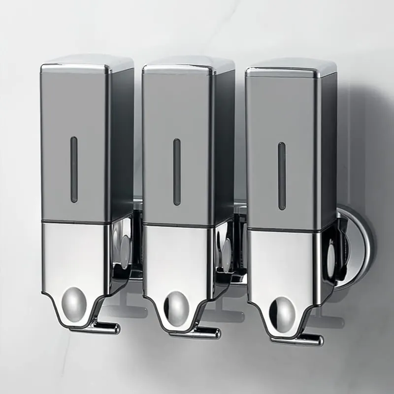 No-Drill 3 Pack 500ml Wall Mounted Soap Dispenser for Bathroom and Kitchen, Shampoo and Conditioner Dispenser Drill Free with Adhesive(Square-Grey)