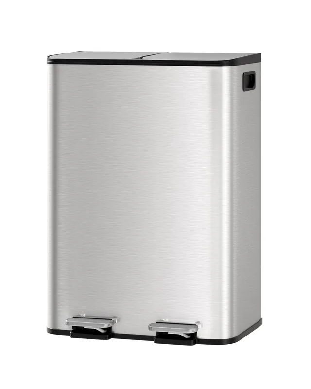 GarveeHome 2 x 8 gal Stainless Steel Double Trash Can with Lid for Kitchen, Large Dual Trash and Recycle Bin Combo, Silver