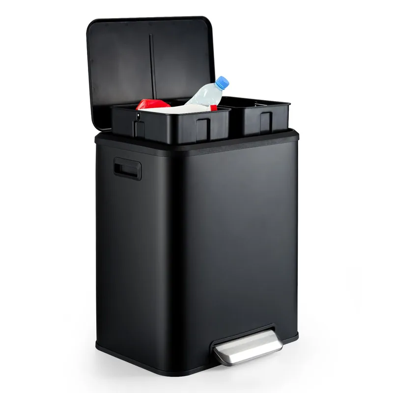 Garvee Dual Trash Can for Recycling and Trash, Stainless Steel Kitchen Trash Can with Lid and Foot Pedal (Black, 8 Gallon(2x4Gal))