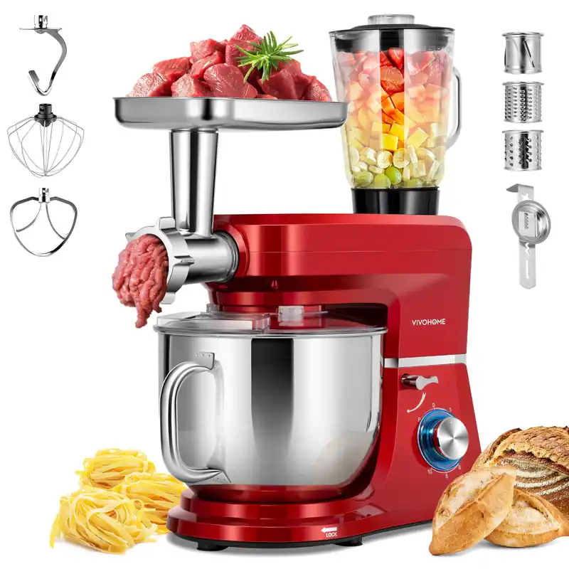VIVOHOME 6-in-1 Stand Mixer, 8.5 Quart Electric Tilt-Head Kitchen Mixer with Bowl, Multifunctional Food Mixer for Cake, Bread, and Dough, Red