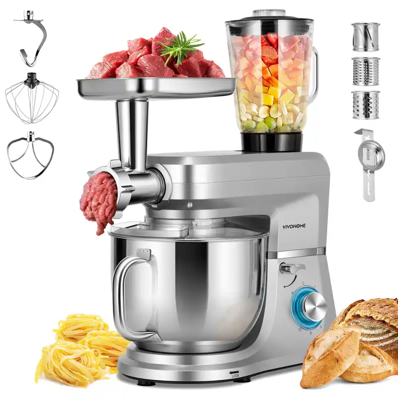 VIVOHOME 6-in-1 Stand Mixer, 8.5 Quart Electric Tilt-Head Kitchen Mixer with Bowl, Multifunctional Food Mixer for Cake, Bread, and Dough, Silver