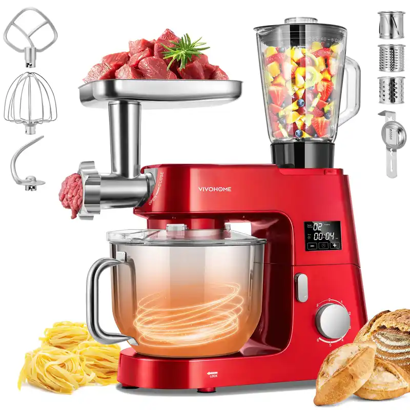 VIVOHOME 9 in 1 Multifunctional Stand Mixer with Fermentation, 6 Speed 7.5 Quart Kitchen Electric Food Mixer with Timer, Meat Grinder, Red