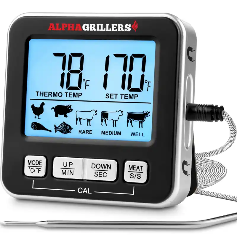 Alpha Grillers Meat Thermometer Digital - Kitchen Oven Thermometer for Cooking Food, Grilling, BBQ Smoker - 7 Preset Temperature Alerts, Timer