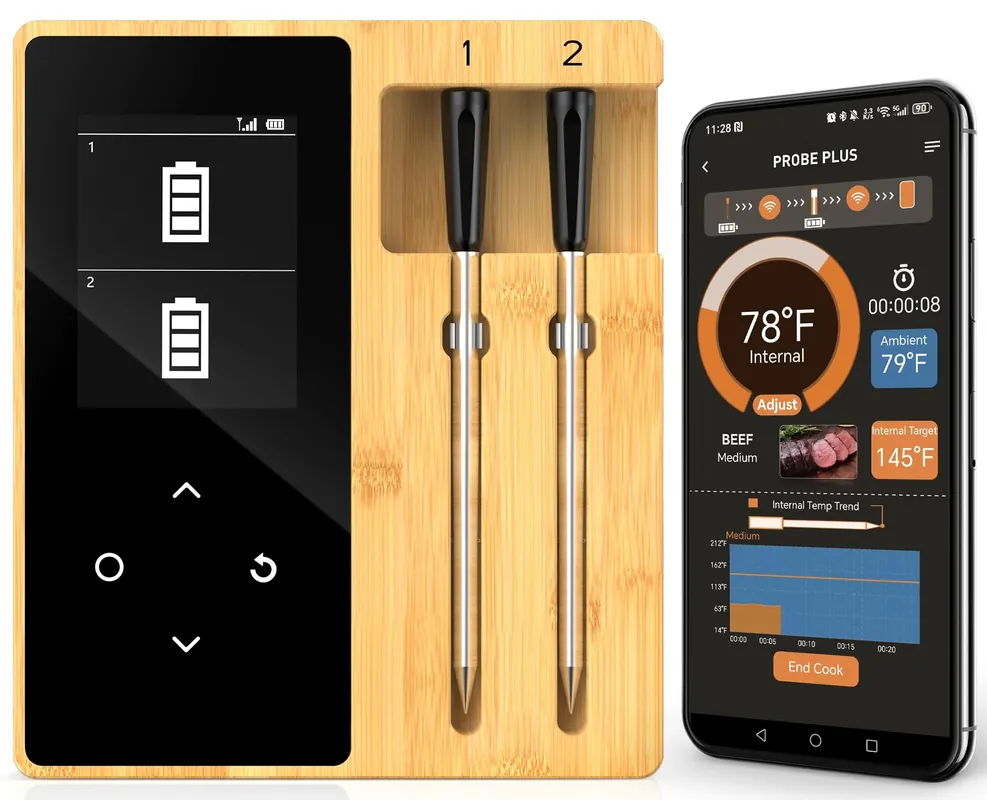 Smart Accurate Wireless Meat Thermometer - 2 Probes for BBQ, Smoking, Grilling, Cooking with Real-Time Alerts, Long Range Bluetooth, Dishwasher Clean