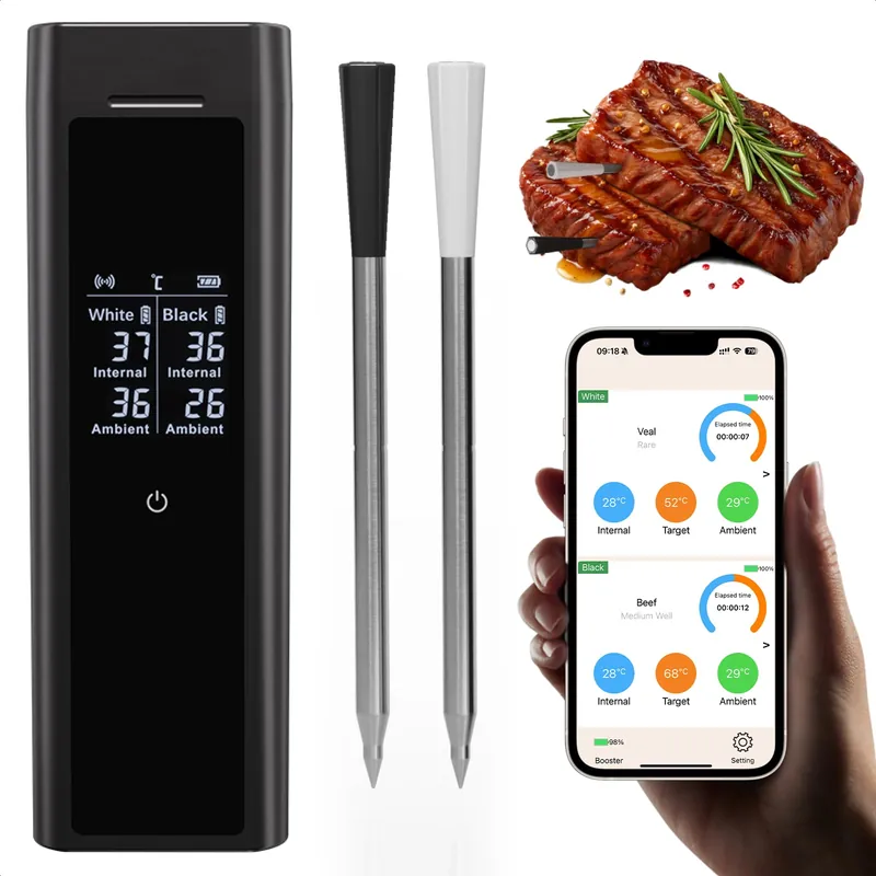 Grebilux Wireless Meat Thermometer with 2 Color-Coded Probes, ±1.8℉ Accuracy, IP67 Waterproof, App Control & Real-Time Monitoring, Two-Way Alerts