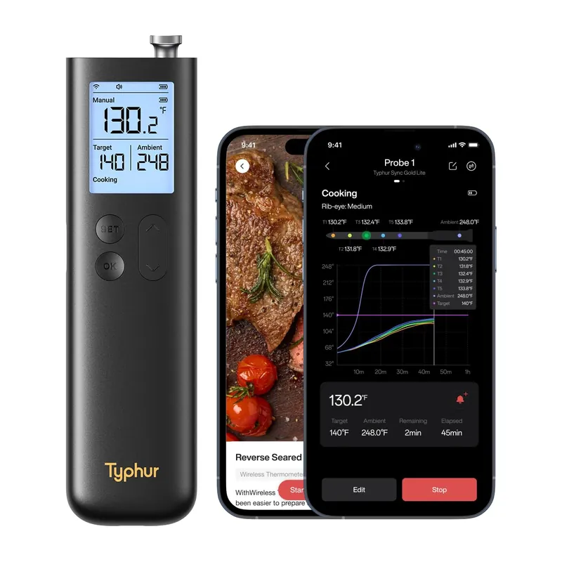 Typhur Sync Gold Wireless Meat Thermometer, Enhanced 10X Sub-1G Signal and Stability, WiFi Unlimited Range, 6 Sensors, Bluetooth Meat Thermometer, Gen2