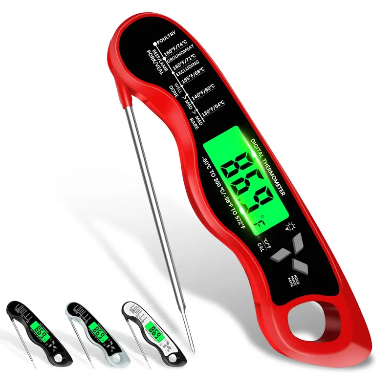 Meat Thermometer Digital,IP67 Waterproof Cooking Thermometer with Backlight, Calibration & Hold Function,Food Thermometer for Cooking,Outdoor Grilling, Red
