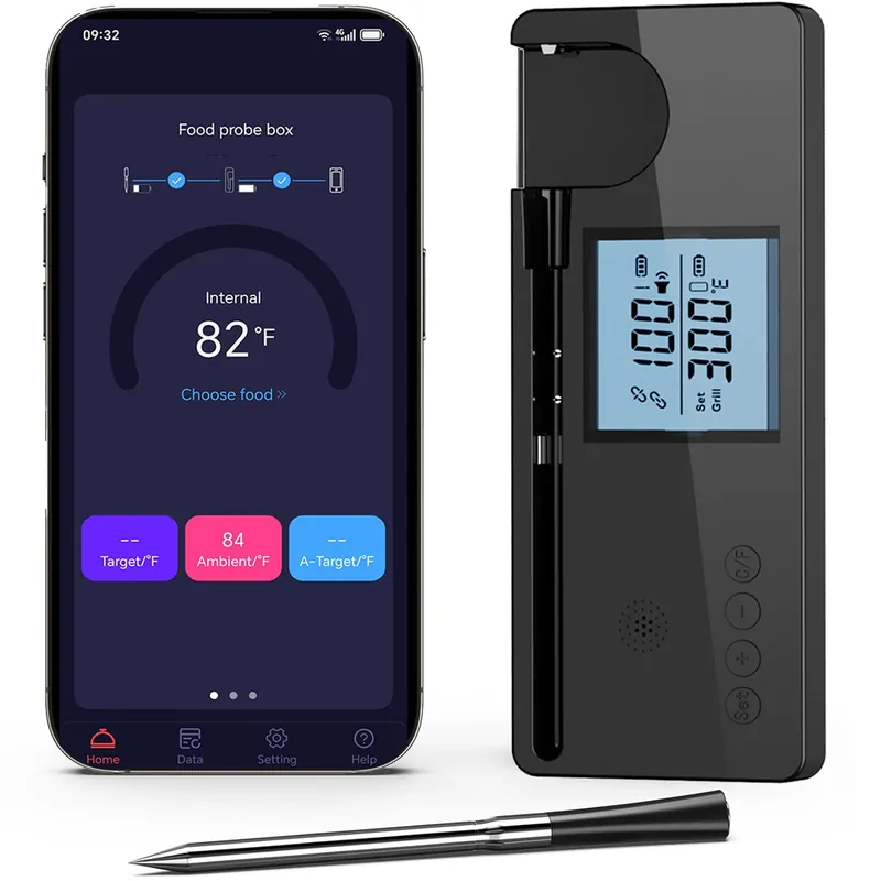 Meat Thermometer Digital Wireless with 800ft Range, Bluetooth 5.3 Food Thermometer with Dual-Temperature Probe, LCD Display and App&Case Setting