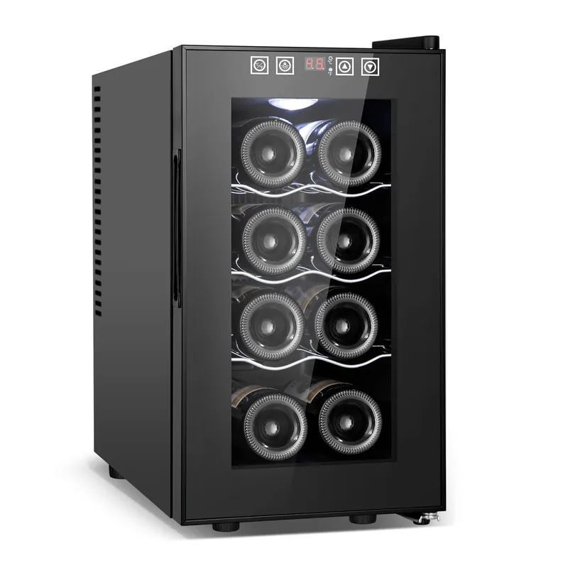 Tylza 8 Bottles Wine Fridge, Wine Cellar with Low-E Tempered Glass Door, LED Touchscreen, Lock, Frost Free, No Vibration, Wine Cooler Refrigerator, Black