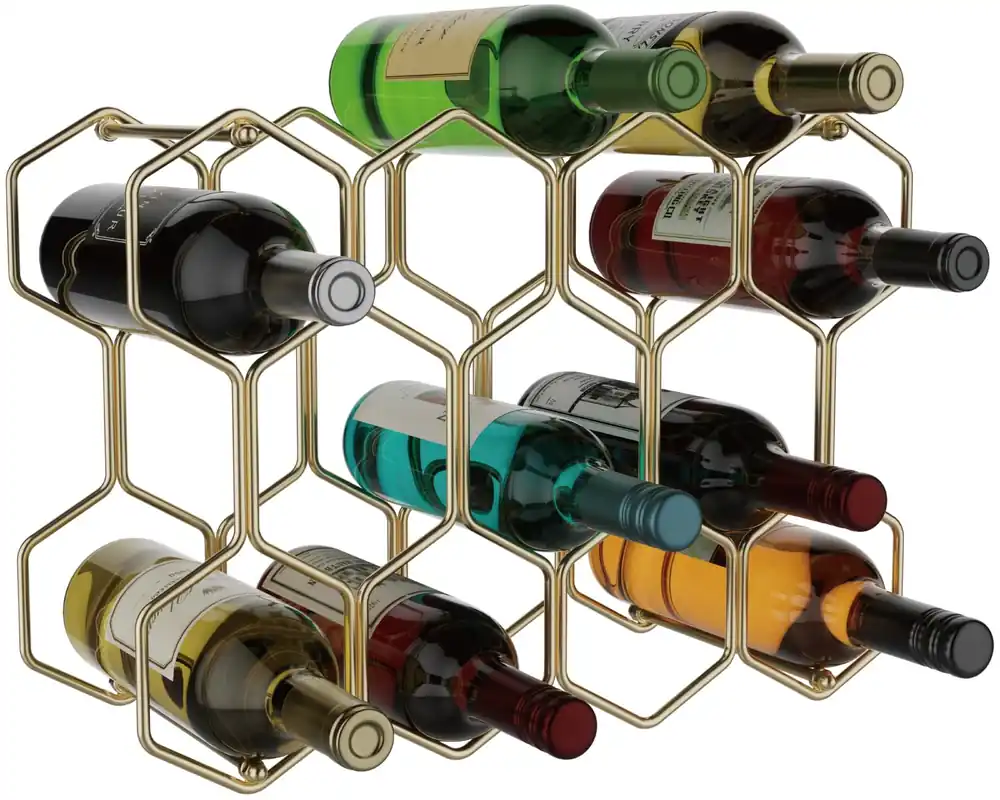Buruis Countertop Wine Rack, 14-Bottle Modern Freestanding Metal Holder for Red and White Wine, Tabletop, Kitchen, Bar, and Cabinet Storage (Gold)