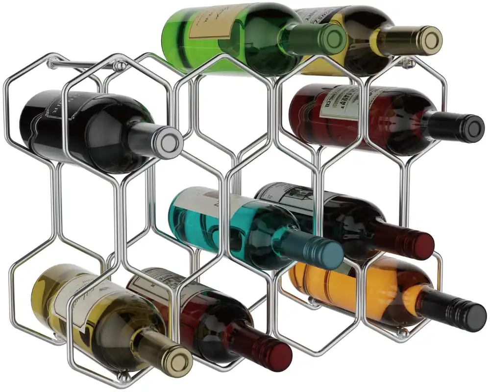 Buruis Countertop Wine Rack, 14-Bottle Modern Freestanding Metal Holder for Red and White Wine, Tabletop, Kitchen, Bar, and Cabinet Storage (Chrome)