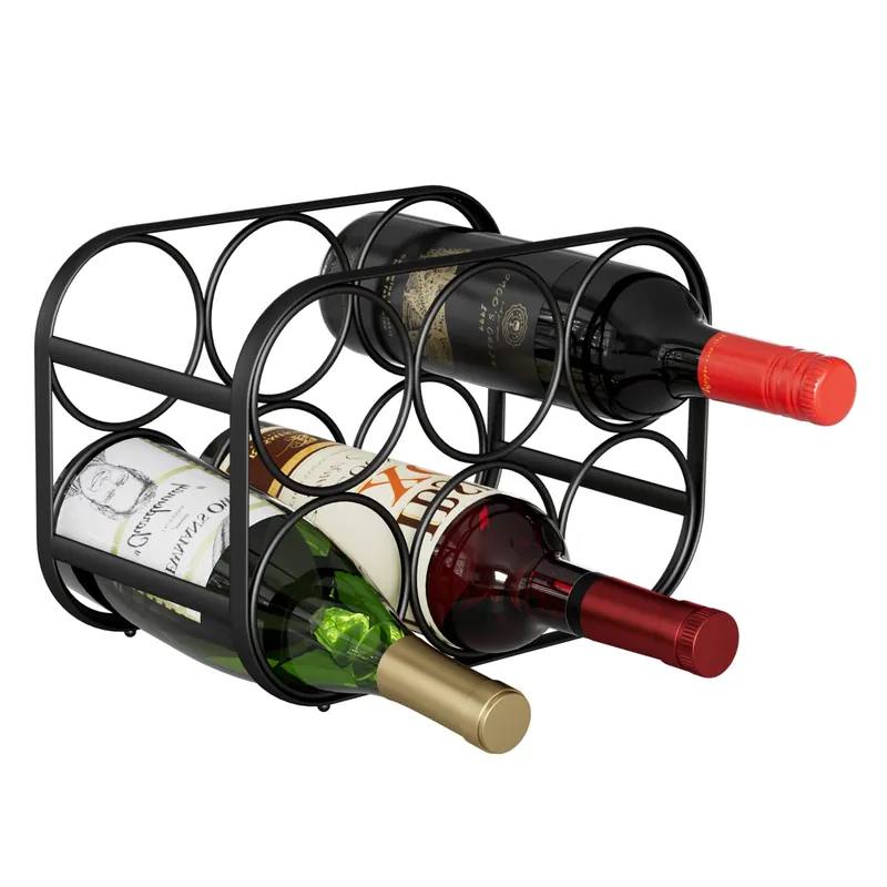 Buruis 6-Bottle Wine Rack, Modern Metal Countertop Wine Holder Stand for Kitchen, Pantry & Cabinet Storage, No Assembly Required, Black