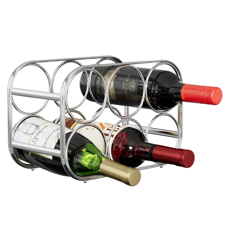 Buruis 6-Bottle Wine Rack, Modern Metal Countertop Wine Holder Stand for Kitchen, Pantry & Cabinet Storage, No Assembly Required, Silver