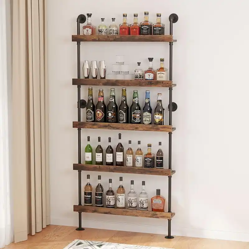 Woskar 5-Tier Wall Mounted Wine Rack, Floating Bar Shelves, Liquor Bottle Shelf Display, Rustic Industrial Bar Shelf (23.6" W x 79" H)