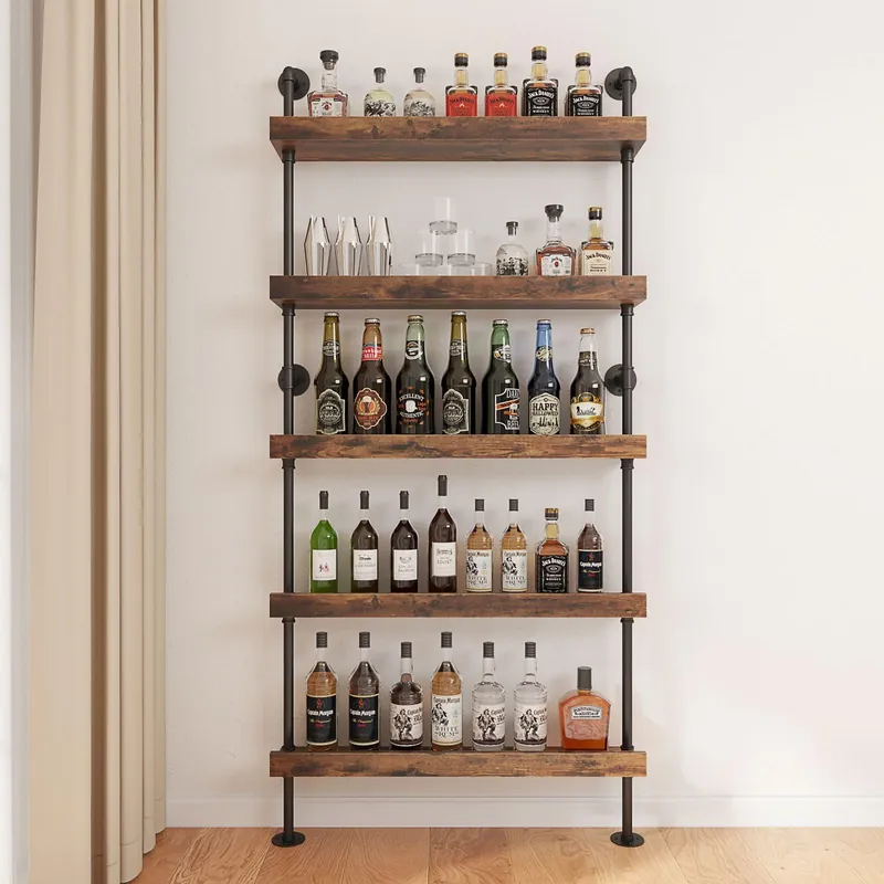 Woskar 5-Tier Wall Mounted Wine Rack, Floating Bar Shelves, Liquor Bottle Shelf Display, Holds 30+ Bottles, Space Saving (31.5" W x 79" H)