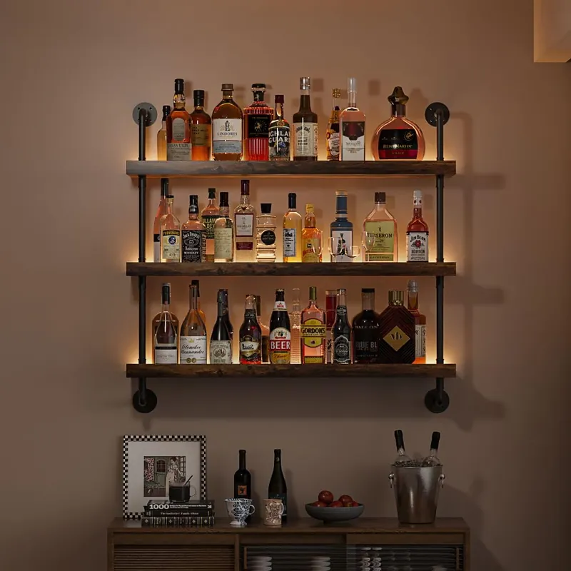 Woskar 3-Tier Wall Mounted Wine Rack with LED,Liquor Bottles Floating Shelves Display Storage Organizer for Home Bar Dining Room Kitchen (40" W x 47.2" H)