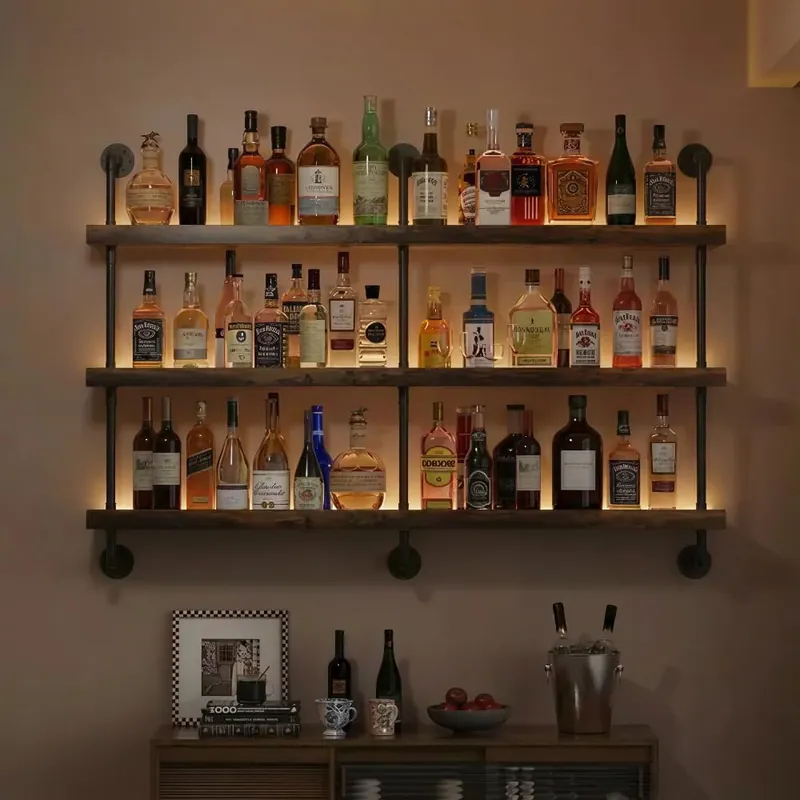 Woskar 3-Tier Wall Mounted Wine Rack, Industrial Pipe Bar Shelf for Wine Bottle Storage, Industrial Pipe Shelves Shelf Shelving (47.2" W x 47.2" H)