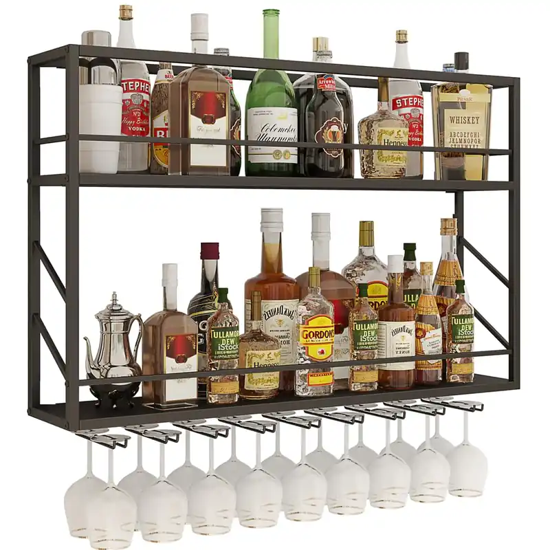 Woskar Wall Mounted Wine Rack 2 Tier, Metal Bar Liquor Shelves and Glass Holder,Wall Bar Shelf Wine Display Storage Holder (31.4×7.8×26in)