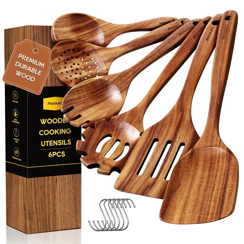 Wooden Spoons for Cooking, 6PCS Teak Wood Cookware Utensil Set with Hooks - Smooth Finish, Non-Stick, Comfortable Grip, Heat Resistant Kitchen Utensils