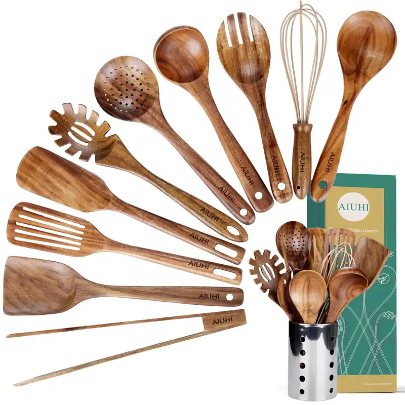 Kitchen Utenails Set with Holder,Kitchen Wooden Utensils for Cooking, Wood Utensil Natural Teak Wood Spoons for Cooking