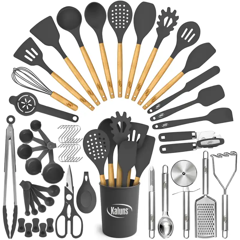 Kaluns 50 PCS Silicone Kitchen Utensils Set Complete Kitchen Set - 800°F Heat Resistant Non-Stick Premium Cooking Utensils, Silicone Spatula Set