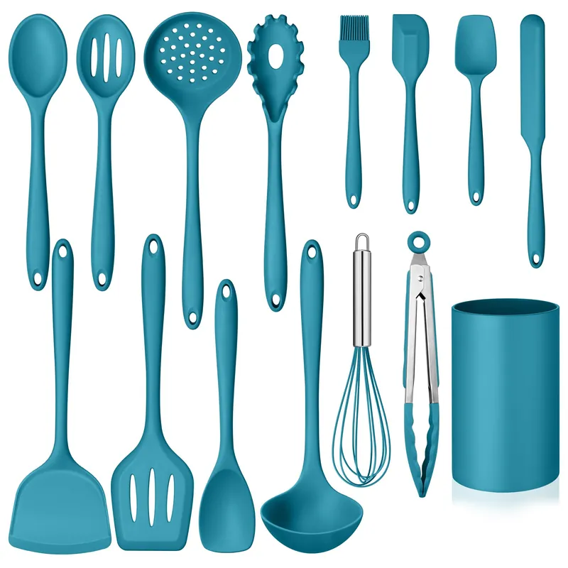 Homikit Silicone Cooking Utensils Set, 15-Piece Nonstick and Heat Resistant Kitchen Utensil Spatula Set with Holder, Blue