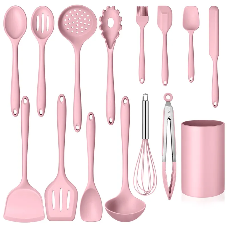 Homikit 15-Piece Kitchen Utensil Set, Silicone Cooking Utensils Spatula Set with Holder for Nonstick Cookware-Pink