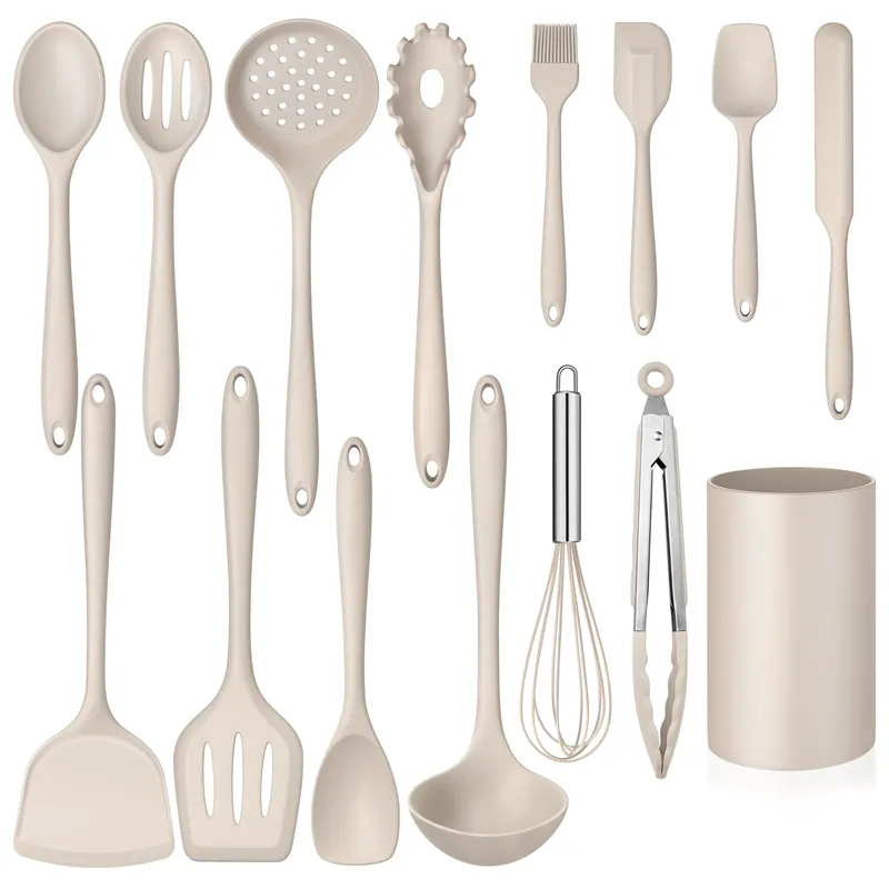 15-Piece Kitchen Cooking Utensils Set with Holder, Homikit Heat Resistant Food Grade Silicone Kitchen Utensils include Slotted Spatula- Khaki