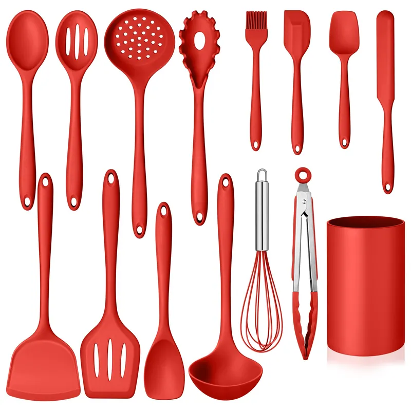 Kitchen Cooking Utensils Set with Holder, Homikit 15-Piece Silicone Spatula Set for Nonstick Cookware, 446°F Heat Resistant Spoon-Red