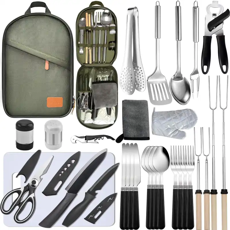 Camping Cooking Set- 31 Pcs Camping Utensils Camping Essentials Camping Gear for Camp Kitchen Cooking and Grilling