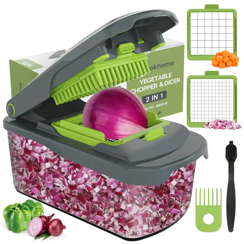 Ourokhome Vegetable Chopper Cutter with Container, Manual Hand Food Veggie Dicer with 2 Chopping Blades for Potato Strips (2 in 1, Gray)