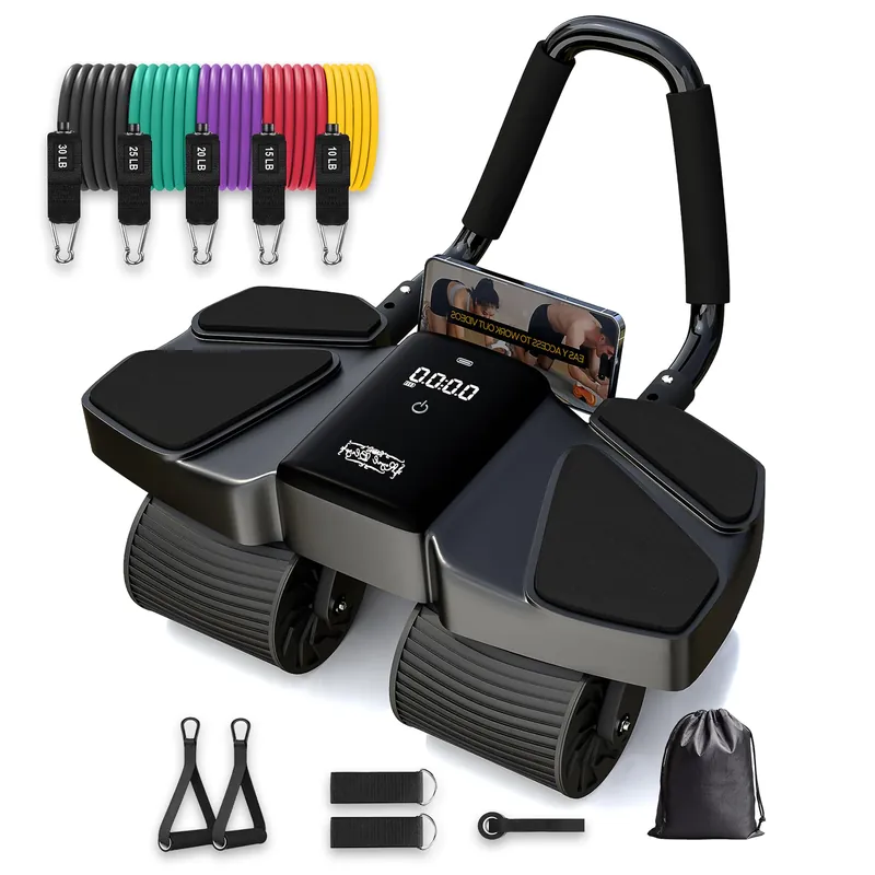 Ab Roller Home Gym Equipment – 4 Wheels Ab Wheel Muscle Roller with LCD Screen, 5Pcs Resistance Bands, Ankle Straps, Door Anchor, Handles