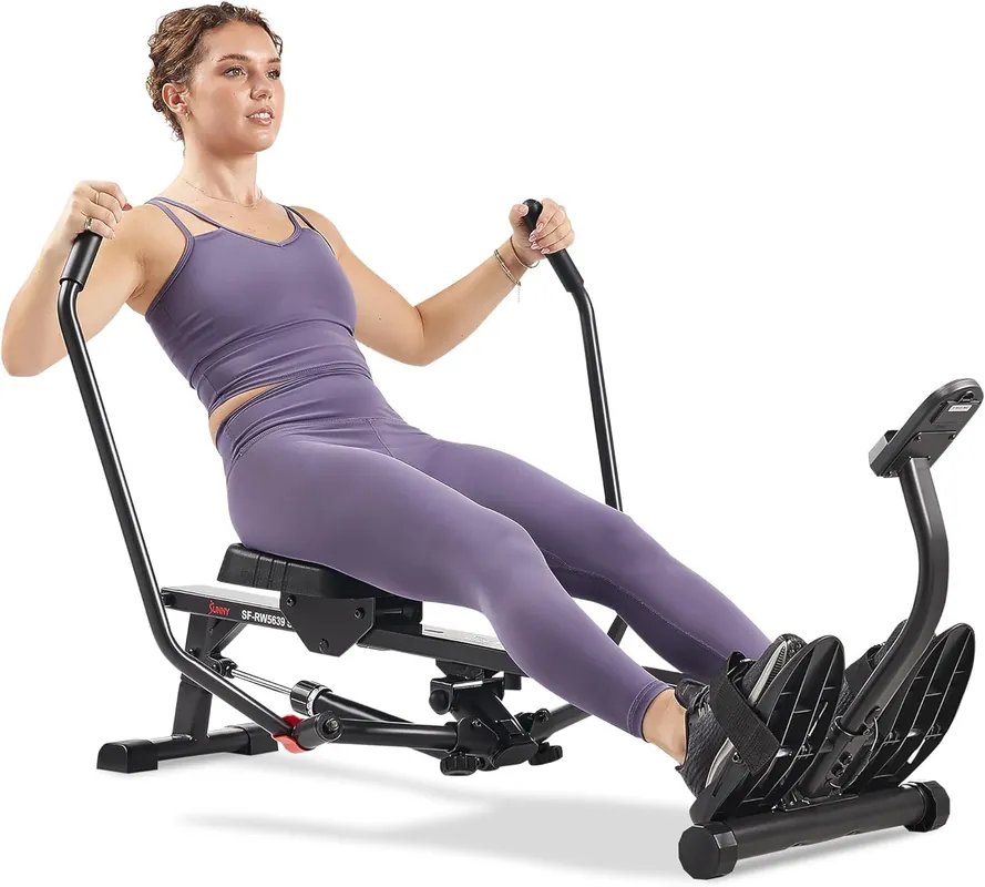 Sunny Health & Fitness Smart Compact Full Motion Rowing Machine, Full-Body Workout, Extra-Long Rail, 350 LB Weight Capacity