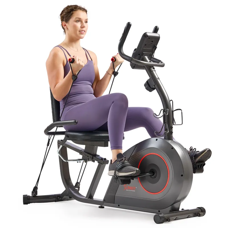 Sunny Health & Fitness Smart Recumbent Bike w/Workout Bands, 300LB Capacity Compact Equipment for Indoor Full-Body Exercise, Adjustable Cushion Seat
