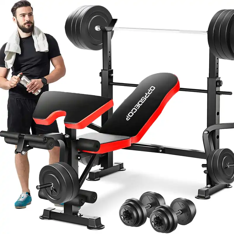 OPPSDECOR 6 in 1 900LBS Weight Bench with Leg Extension and Leg Curl, Foldable Bench Press Set and Squat Barbell Rack with Preacher Curl (Red)