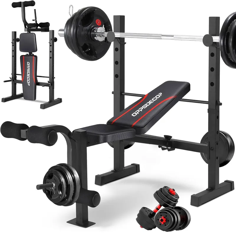 OPPSDECOR Standard Weight Bench Set with Squat Rack, 600LBS Adjustable Bench Press Set with Leg Extension and Leg Curl, Foldable Flat Incline Decline Workout Bench