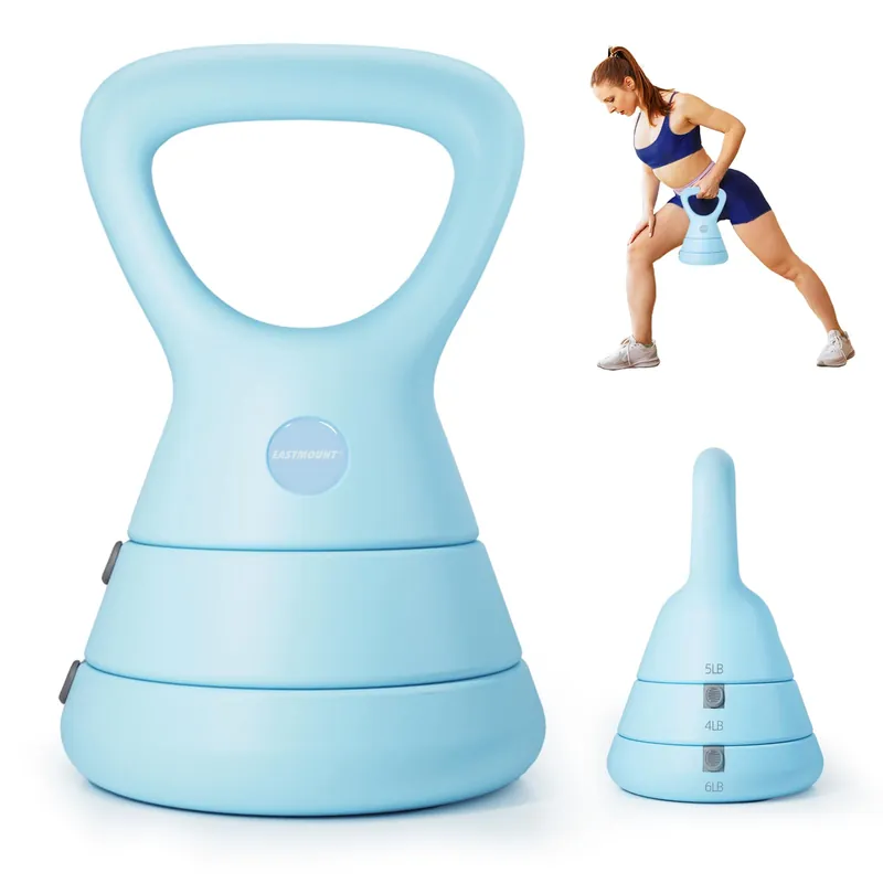 EAST MOUNT 15LB Adjustable Kettlebell Set – 3-in-1 (5/9/15 LB), Compact Adjustable Weights, Wide Triangle Handle and Wrist-Friendly Design, Blue