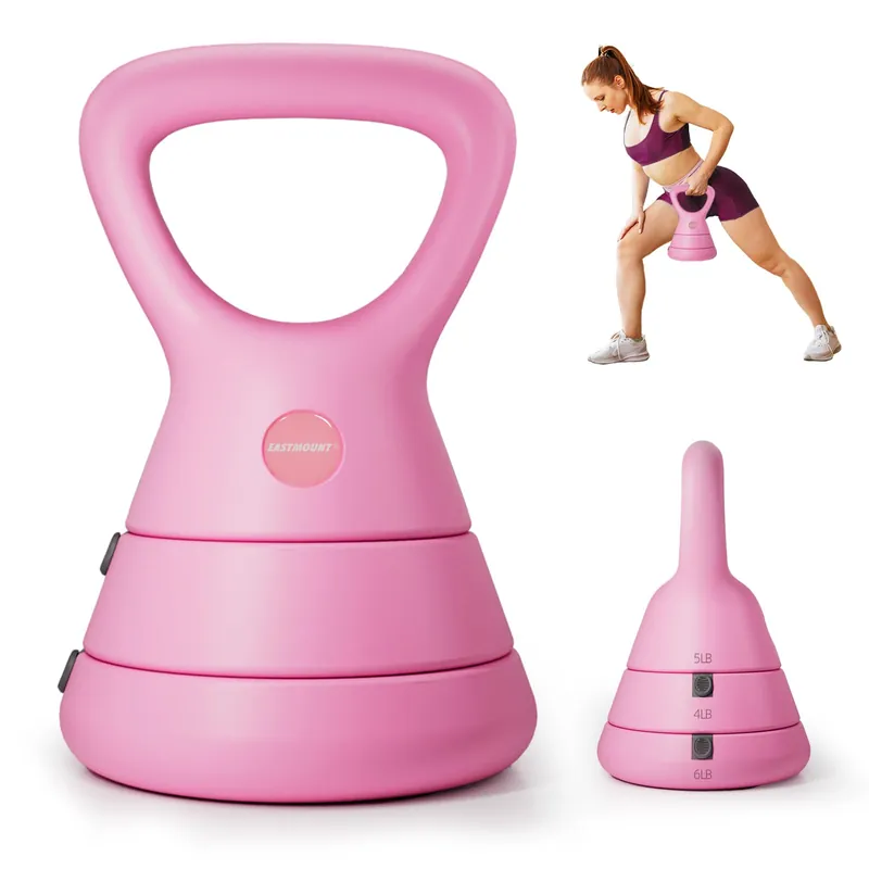 EAST MOUNT 15LB Adjustable Kettlebell Set – 3-in-1 (5/9/15 LB), Compact Adjustable Weights, Wide Triangle Handle and Wrist-Friendly Design, Pink