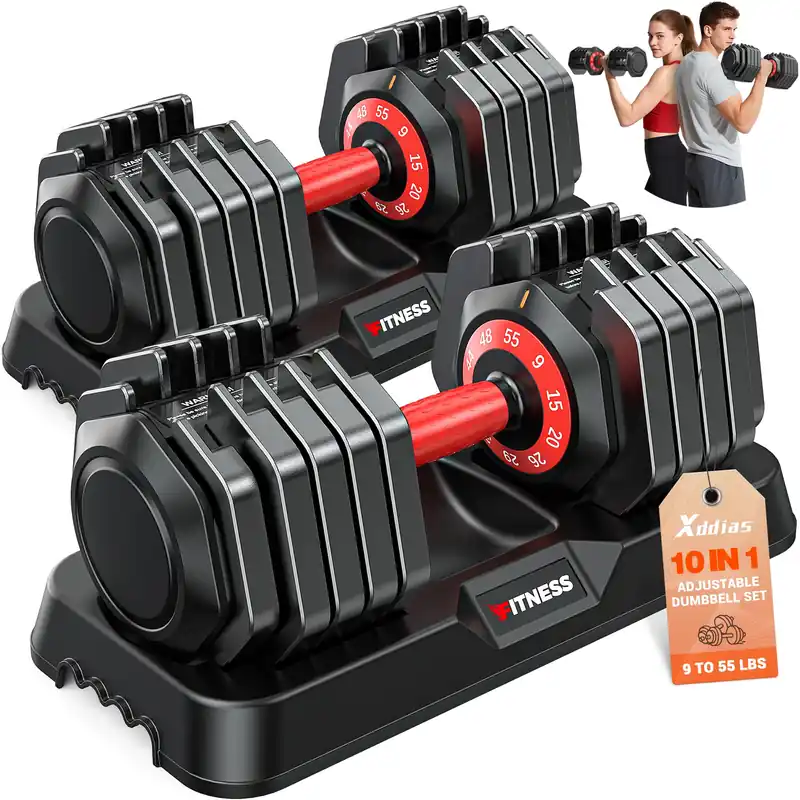 XDDIAS Adjustable Dumbbell Set of 2, 25/55/80LB Dumbbell Set-Fast Adjust Weights Set, 5/10/16 in 1 Free Weights Dumbbells Set with Anti-Slip Metal Handle, Compact Size (10-Gears-55LB)