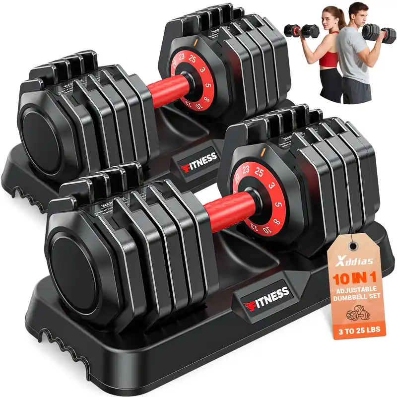 XDDIAS Adjustable Dumbbell Set of 2, 25/55/80LB Dumbbell Set-Fast Adjust Weights Set, 5/10/16 in 1 Free Weights Dumbbells Set with Anti-Slip Metal Handle, Compact Size (25LB-Pair-10Gears-RED)