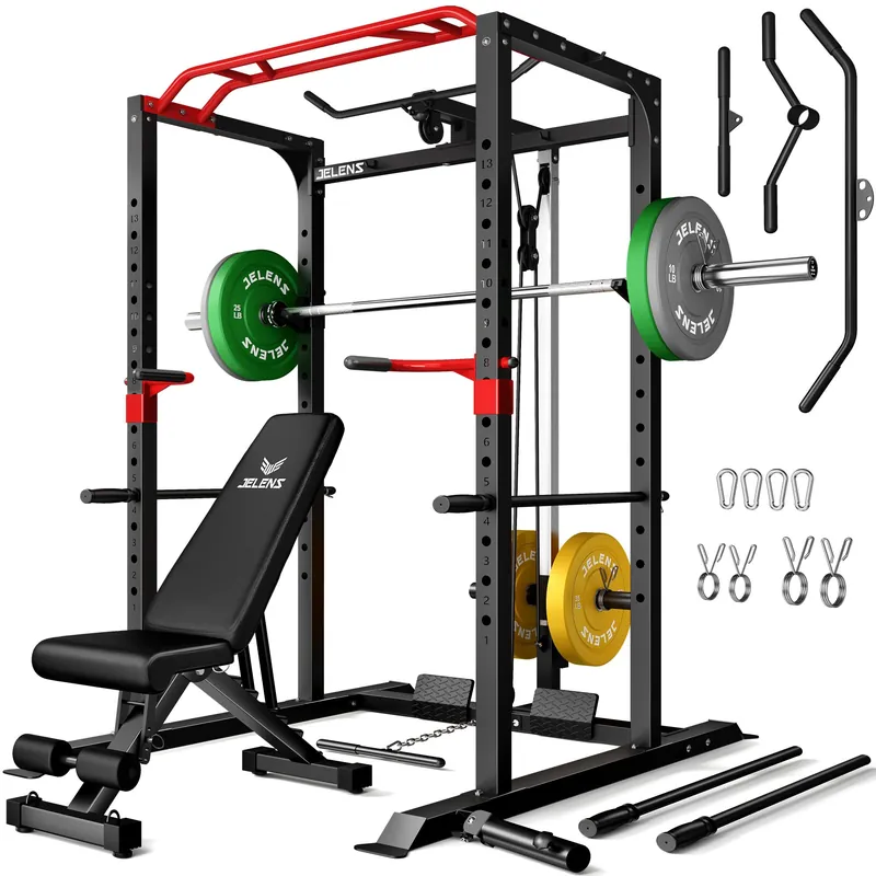 JELENS Power Cage, 2000LBS Multi-Function S11 Power Rack with LAT Pulldown, Squat Rack with More Training Attachments (140LB Colored Weights Package)