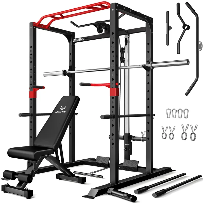 JELENS Power Cage, 2000LBS Multi-Function S11 Power Rack with LAT Pulldown, Squat Rack with Adjustable Pulley System and More (Home Gym Package)
